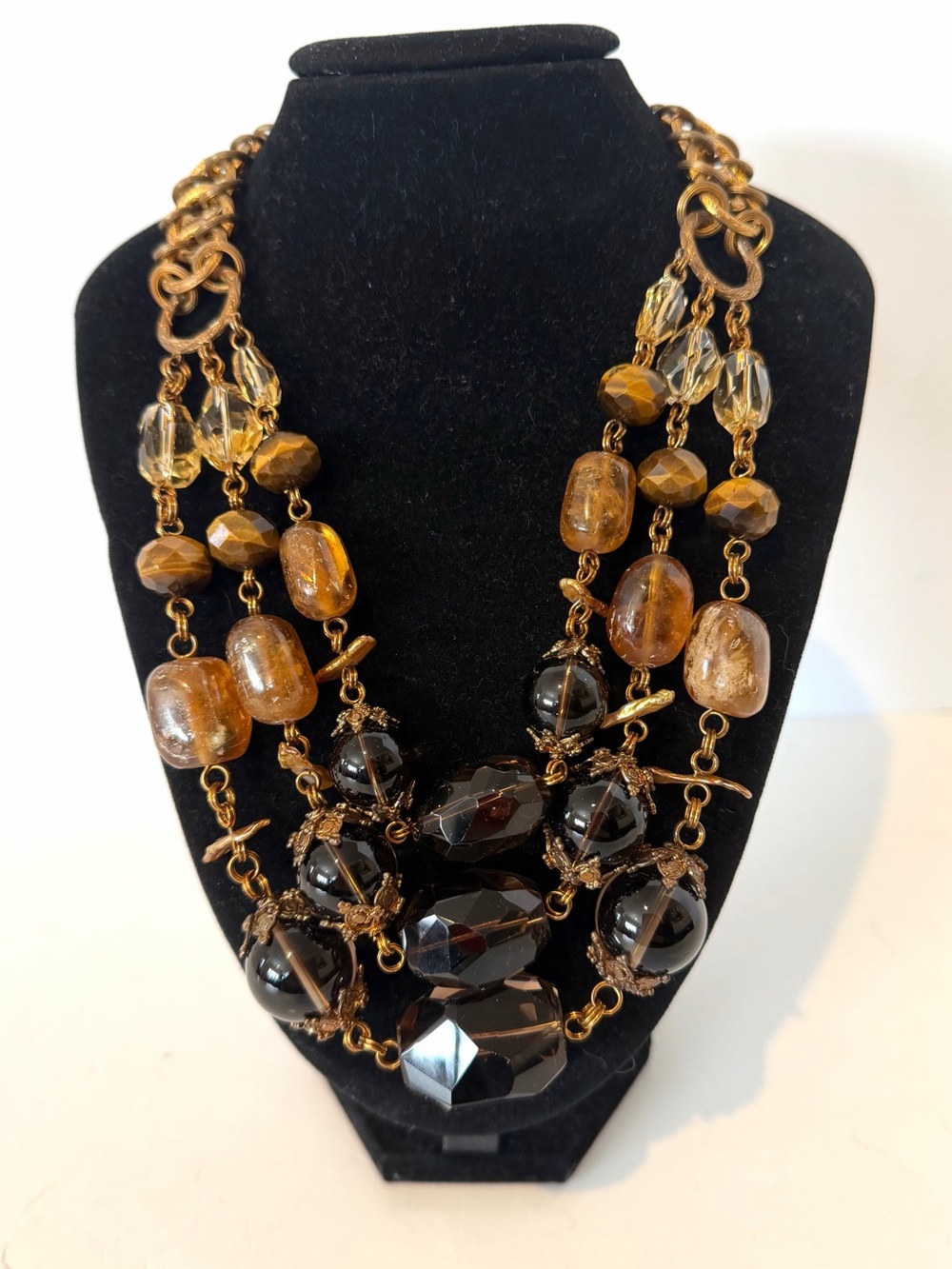 Stephen Dweck Multi Strand Statement Necklace Smoky Brown Crystal Bronze 20”
